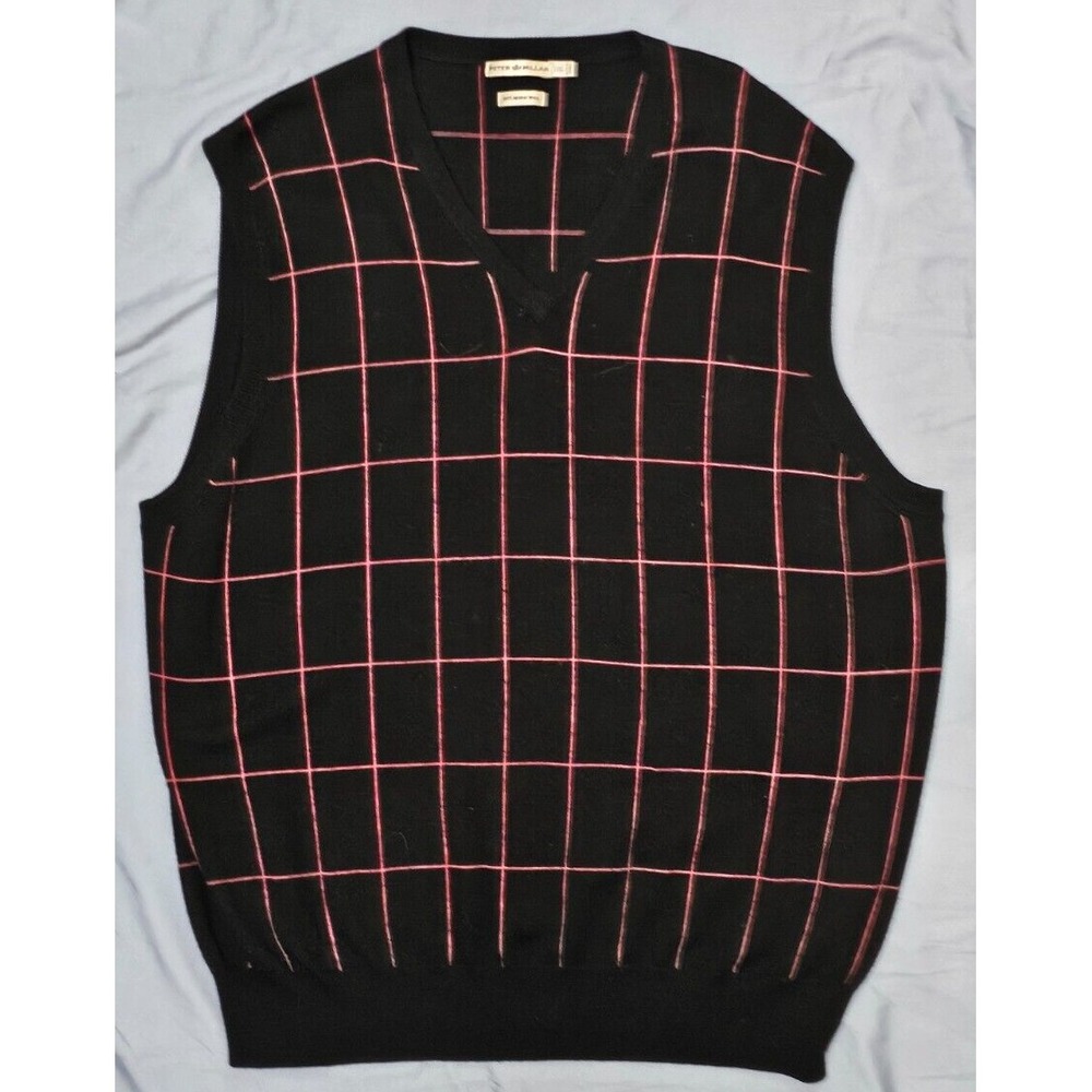 Peter Millar Sweater Mens 2XL Black Pink Check VNeck Pullover 100% Merino Wool